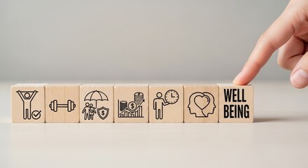 Health and wellness icons on wooden blocks with concept of well-being  