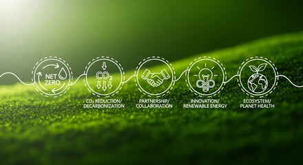 Sustainability icons representing green initiatives on lush background  