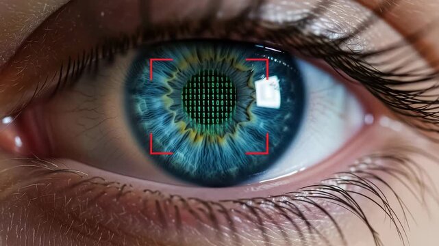 Closeup of a blue human eye with a digital matrix pattern superimposed on the iris