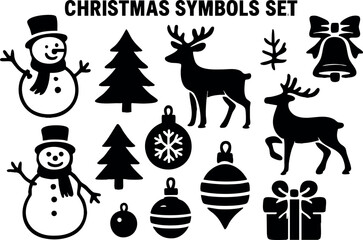 Obraz premium Christmas symbols set vector with snowman reindeer tree bell and gift icons for holiday design and decoration