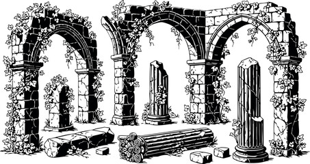 Ancient stone ruins with arched columns and broken pillars in black and white vector design for historical architecture and archaeology themes