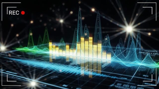 Digital audio waveform visualization with glowing equalizer bars and data graphs on a dark background