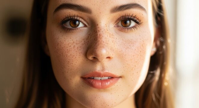 Close-up portrait of a beautiful woman with freckles and brown eyes.