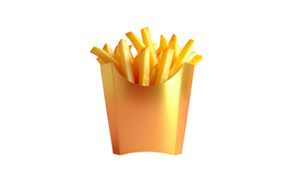 Golden-hued, stylized illustration of a full container of crispy, salty, fried potato strips
