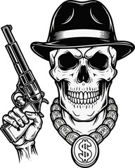 Skull Man with Hat Holding Gun and Dollar Necklace
