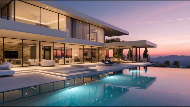 Dramatic Sunset View of a Modern Luxury Mansion with Infinity Pool and Panoramic Mountain Vista.
