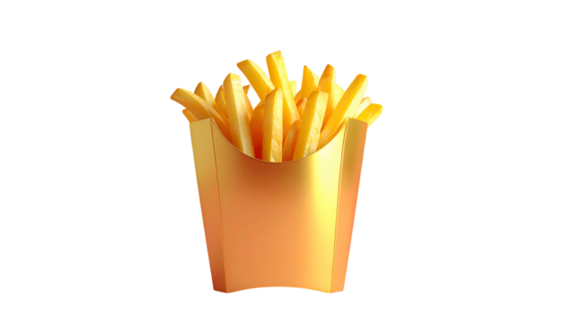 Golden-hued, stylized illustration of a full container of crispy, salty, fried potato strips