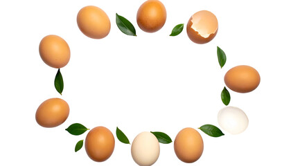 Circular arrangement of brown eggs, leaves, and cracked eggshell on black