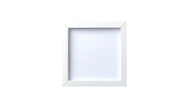 Square white picture frame against a black background, centered and empty