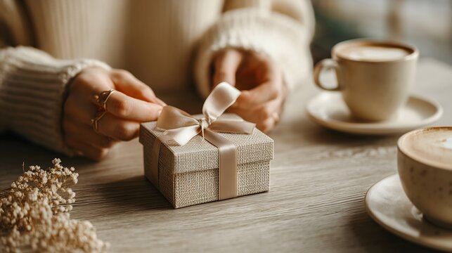 A close-up of hands tying a ribbon on a gift box, with coffee cups in the background.