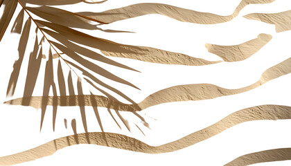 A dried palm leaf over abstract, tan, curved, and striped shapes on a black background