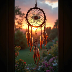 Dream catcher hanging in a window in a sunset