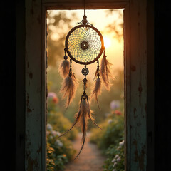 Dream catcher hanging in a window in a sunset