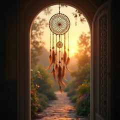 Dream catcher hanging in a window in a sunset