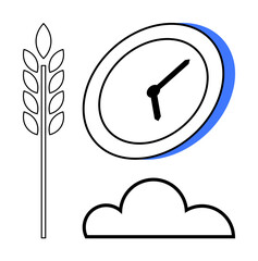 Wheat stalk, tilted clock, and cloud illustrating concepts thumbs up time, productivity, nature, and seasons. Ideal for agriculture, sustainability, food production weather time management