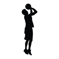 Silhouette of a male basketball player in mid-air, shooting the ball. Great for concepts of sports action, competition, athletic skill, target, and achievement in game.
