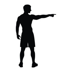 Silhouette of an athletic man pointing strongly with his index finger. Ideal for concepts of guidance, direction, instruction, command, fitness motivation, or indication