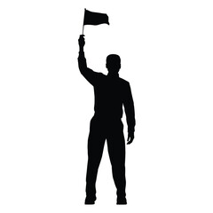 Silhouette of a standing man proudly holding a small flag high above his head. Excellent for concepts of race starting, finish line, achievement, or guidance.