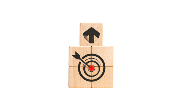 Wooden blocks arranged in a target shape with an arrow, surmounted by an upward arrow