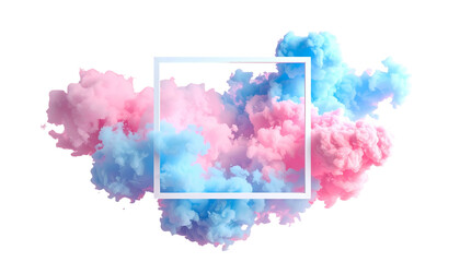 Pink and blue fluffy, airy clouds burst from frame against black