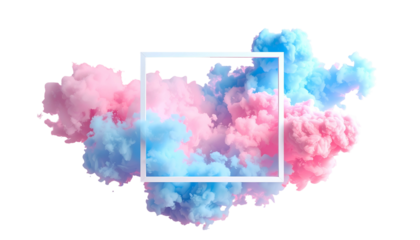 Pink and blue fluffy, airy clouds burst from frame against black