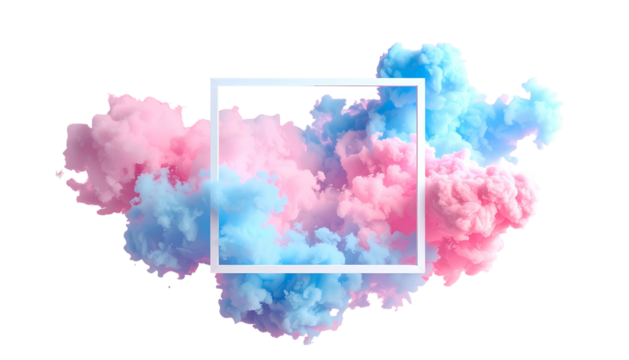 Pink and blue fluffy, airy clouds burst from frame against black