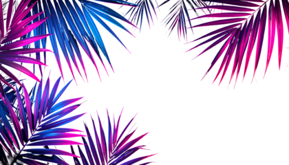 Neon-lit palm leaves, blue and pink, frame a dark void in a vibrant tropical display