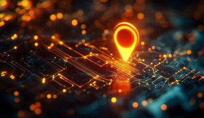 Glowing orange location marker on interactive digital city map.