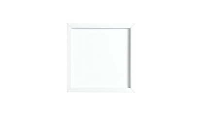 A simple, empty white square picture frame against a stark black background