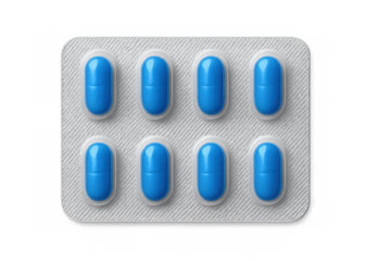 Blue oval medicine pills in transparent blister pack for healthcare, pharmacy, treatment, and pain relief