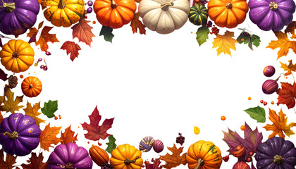 A fall-themed frame of pumpkins, leaves, berries, and gourds, creating an oval border