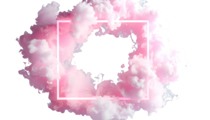 Pink clouds surround a square neon frame with a central void on a black background