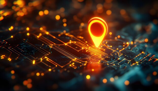 Glowing orange location marker on interactive digital city map.