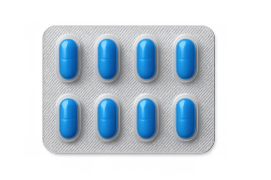 Blue oval medicine pills in transparent blister pack for healthcare, pharmacy, treatment, and pain relief