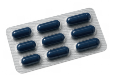 Blue capsules in blister pack for health care, medicine, and pharmaceutical treatment, transparent background