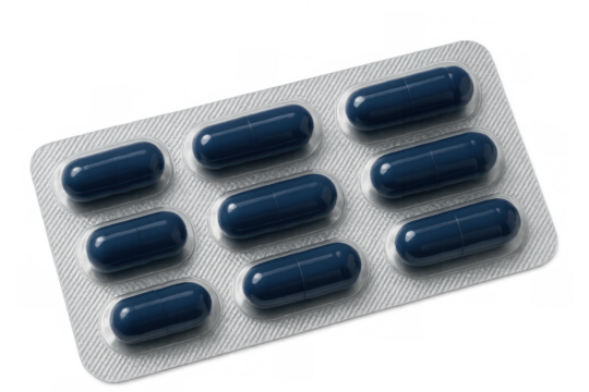 Blue capsules in blister pack for health care, medicine, and pharmaceutical treatment, transparent background