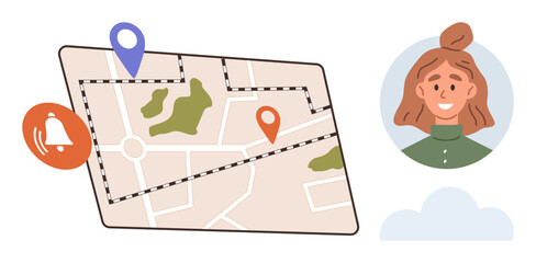 Map with route lines, location pins, and notification icon alongside a smiling woman s profile. Ideal for navigation, tracking, geolocation, communication, notifications, travel and community