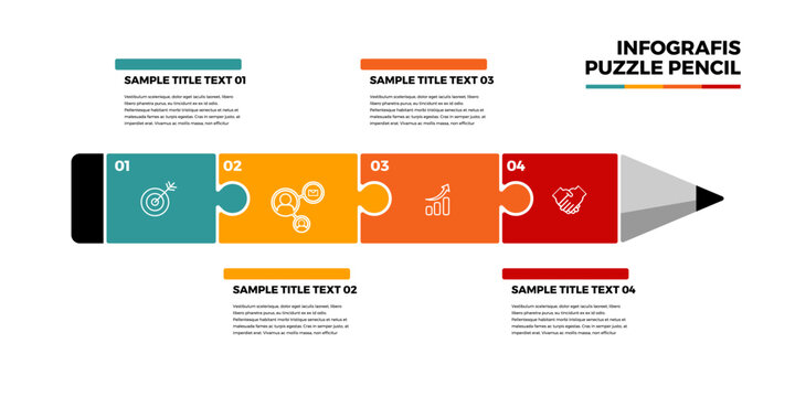 Pencil puzzle infographic with 4 step illustration and business vector icon, useful for business presentation, company report, web, ui ux, button, cover, business poster.