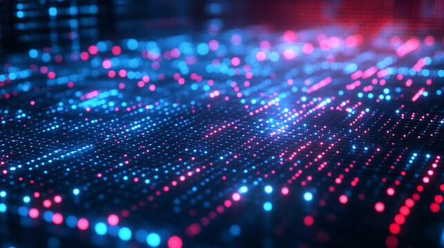 Digital technology dots form a seamless 3D pixel pattern with futuristic abstract design symbolizing innovation connectivity data flow and modern tech aesthetic in vibrant digital composition