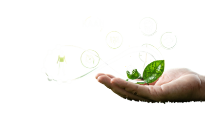 Human hand cradles a leaf with an infinity loop of ecological symbols