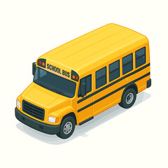 Vibrant yellow school bus illustration in isometric perspective, symbolizing education and safe transportation for students to and from learning institutions