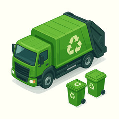 Isometric vector illustration of a green garbage truck and recycling bins for waste management and environmental services