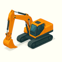 Isometric vector illustration of a vibrant yellow excavator. Heavy construction machinery for earthmoving and digging, perfect for industrial design and building site concepts