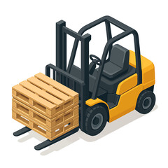 Dynamic isometric illustration of a yellow forklift swiftly moving a stack of wooden pallets, highlighting efficient industrial logistics, storage, and transportation operations
