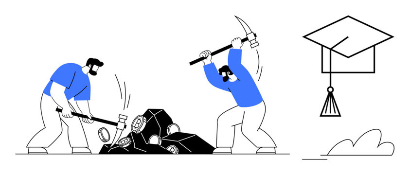 Two men using hammer and pickaxe to break rocks, paired with a graduation cap. Ideal for education, effort, perseverance, skill-building, personal growth, success, simple flat metaphor