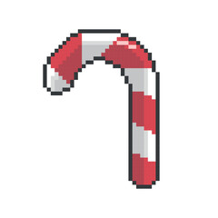 Pixel art candy cane icon. Candy vector pixel art. Glossy red and white Christmas lollypop sprite.  Sweet holiday game asset. Clean outlined 