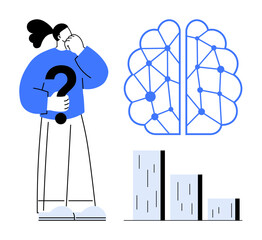 Man holding question mark pondering neural network with brain-thumbs up structure, observing decreasing bar chart. Ideal for data analysis, decision-making, artificial intelligence, problem-solving