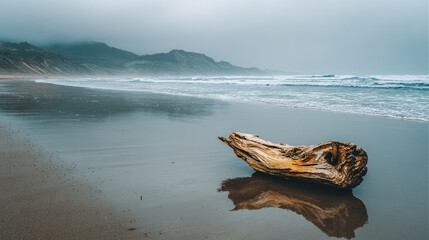 Weathered driftwood resting on a calm beach symbolizing tranquility time and nature’s artistry representing the peaceful connection between land sea and the slow rhythm of coastal life