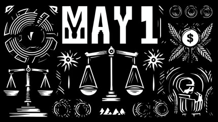 May 1st Labor Day illustration: Worker rights, social justice, equality, and economic symbols with justice scales on black.