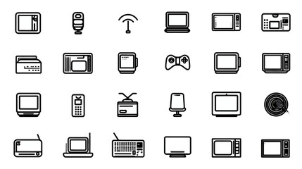 Outline technology icons set: electronic devices, home appliances, communication gadgets, and entertainment equipment collection.